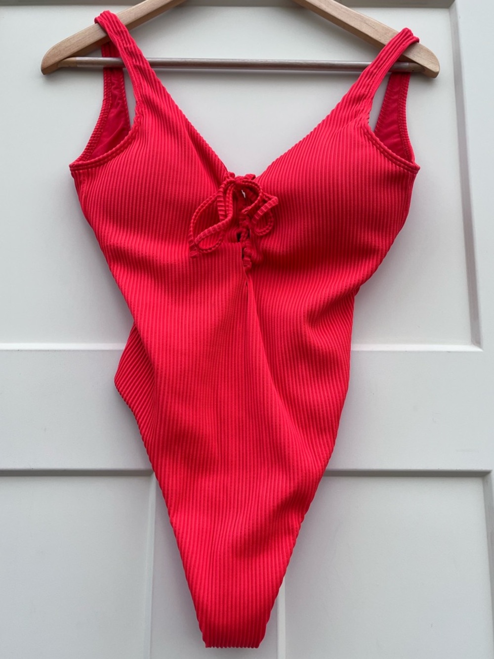 Hollister Ribbed Bright Red Tie-Front One-Piece Swimsuit Cheeky High Cut
